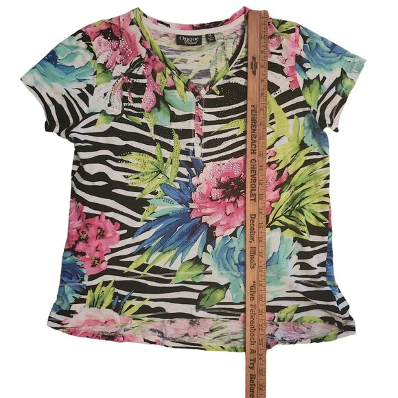 Onque Casual Floral and Zebra Print Top with Rhinestones Size M - Picture 6 of 9